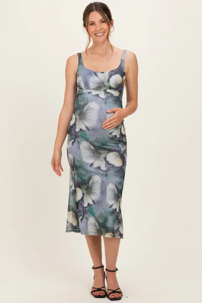 PinkBlush Grey Mesh Floral Sleeveless Maternity Midi Dress