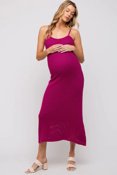 PinkBlush Magenta Open Knit Crochet Maternity Midi Dress