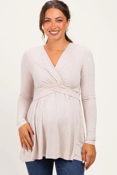 PinkBlush PinkBlush Oatmeal Long Sleeve Draped Front Maternity Nursing Top