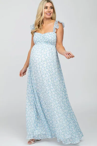 PinkBlush Light Blue Floral Chiffon Sweetheart Neck Off Shoulder Maternity Maxi Dress