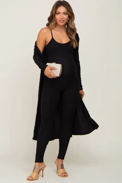 PinkBlush Black Ribbed Maternity Jumpsuit Two Piece Set