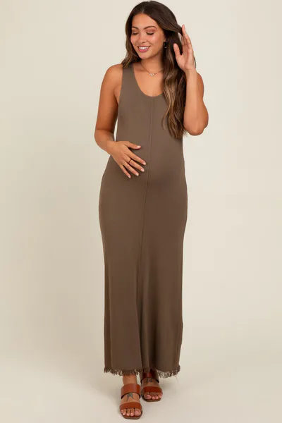 PinkBlush Brown Fringe Hem Maternity Midi Dress