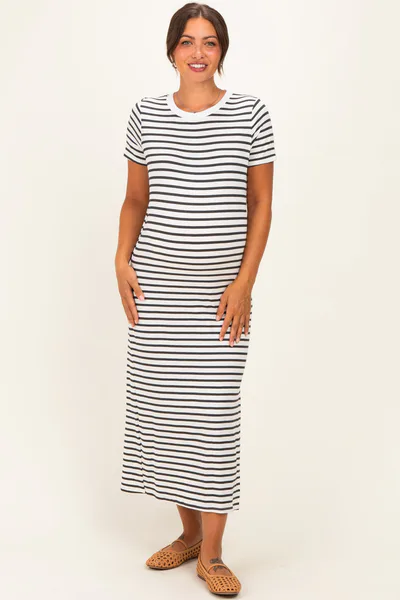 PinkBlush Charcoal/ Ivory Striped Short Sleeve Maternity Midi Dress