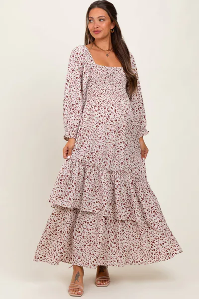 PinkBlush Cream Floral Asymmetrical Ruffle Hem Maternity Maxi Dress