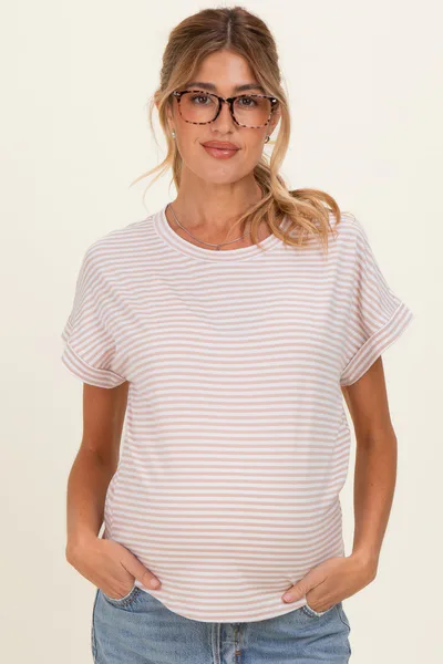 PinkBlush Beige Striped Short Sleeve Maternity Top