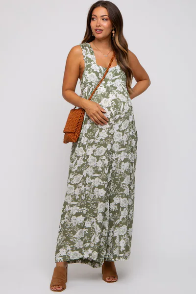 PinkBlush Light Olive Floral Ruffle Strap Maternity Jumpsuit
