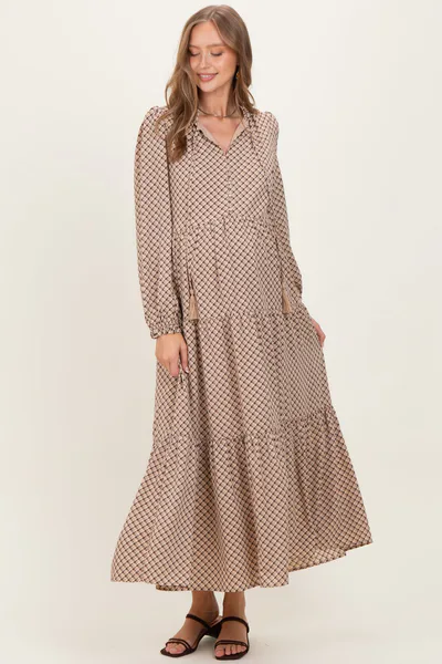 PinkBlush Taupe Plaid Tie Collar Tiered Maternity Maxi Dress