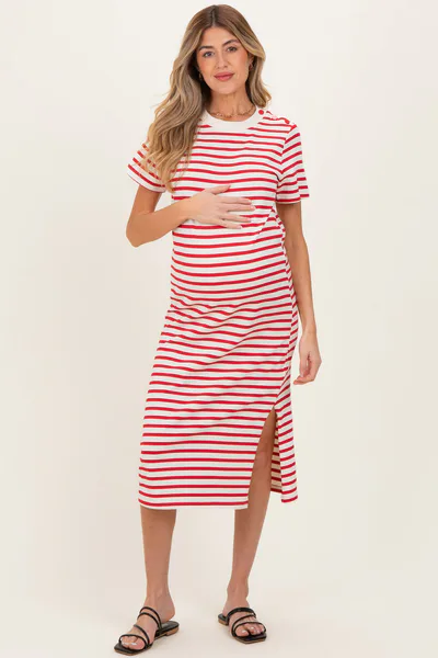 PinkBlush Red Striped Short Sleeve Maternity Midi Dress