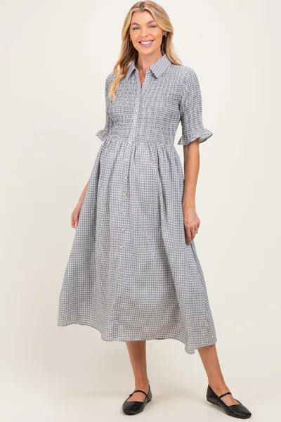 PinkBlush Black Gingham Smocked Button Down Maternity Midi Dress
