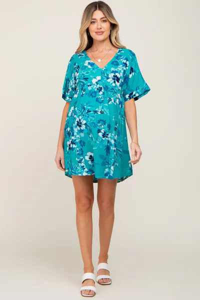 PinkBlush Teal Tropical Floral V-Neck Short Sleeve Maternity Dress