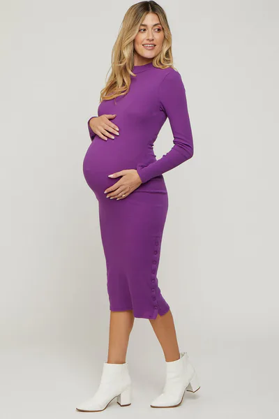 PinkBlush Purple Ribbed Mock Neck Button Side Slit Maternity Midi Dress
