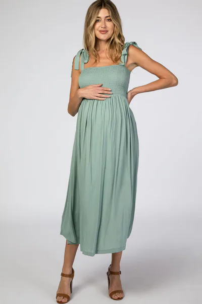 PinkBlush Mint Green Smocked Tie Strap Maternity Midi Dress