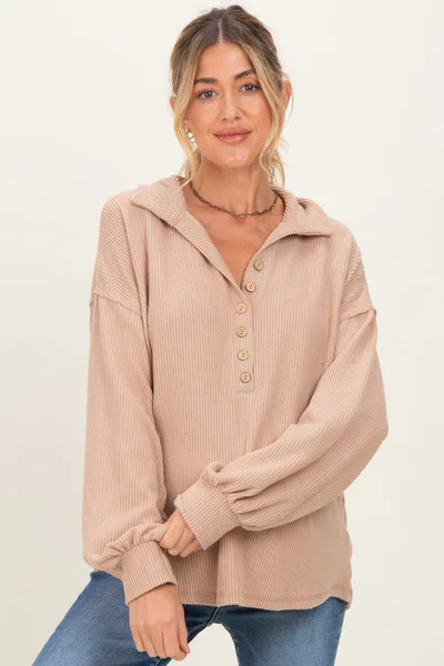 PinkBlush Taupe Solid Ribbed Long Sleeve Button Down Collared Maternity Top