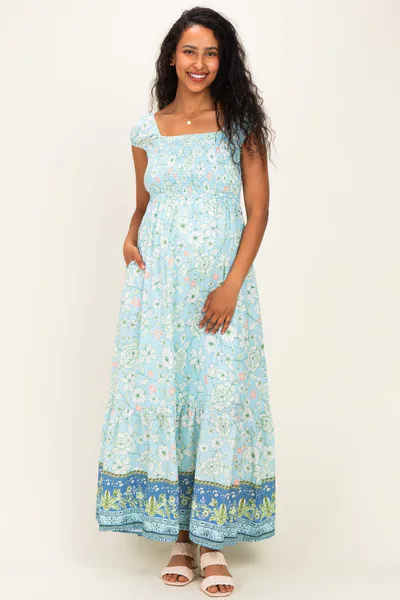 PinkBlush Light Blue Floral Smocked Maternity Maxi Dress