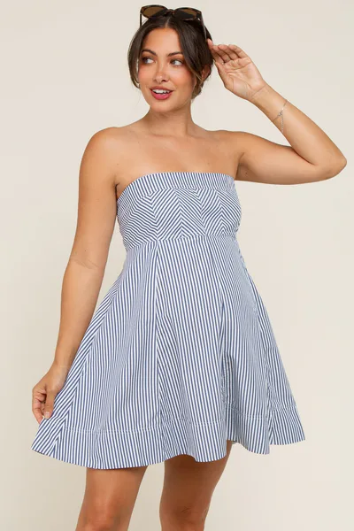 PinkBlush Navy Striped Strapless A-Line Maternity Dress