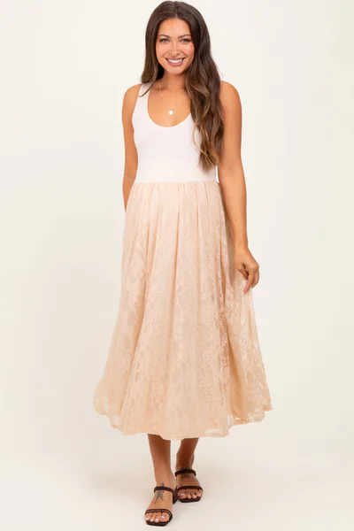 PinkBlush Beige Solid Tank Top Lace Skirt Maternity Midi Dress