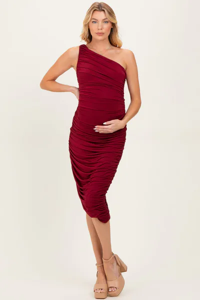 PinkBlush Burgundy One Shoulder Ruched Maternity Midi Dress