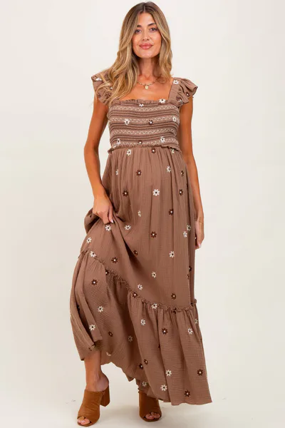 PinkBlush Mocha Floral Embroidered Smocked Maternity Maxi Dress