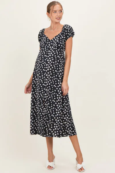 PinkBlush Black Floral V-Neck Button Detail Maternity Midi Dress