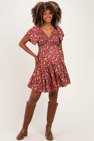 PinkBlush Wine Floral Flutter Sleeve Smocked Maternity Mini Dress