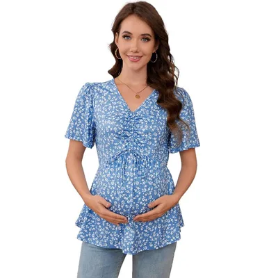 Target Women's Summer Maternity Short Sleeve Shirts Pregnancy Tops Casual V Neck Drawstring T-Shirts Blouses Pregnancy Clothes Blue Floral L