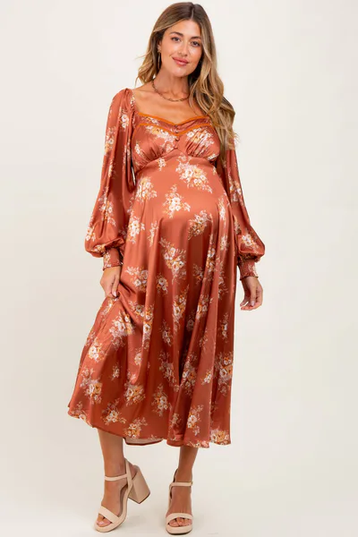 PinkBlush Rust Satin Floral Bubble Sleeve Maternity Midi Dress