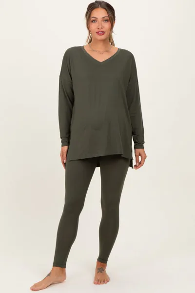 PinkBlush Olive Green Brushed Knit Maternity Oversized Top and Legging Set