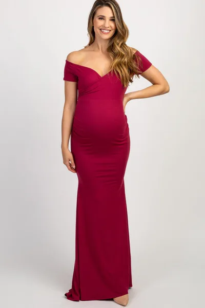 PinkBlush PinkBlush Burgundy Off Shoulder Wrap Maternity Photoshoot Gown/Dress