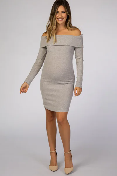 PinkBlush Heather Grey Soft Ribbed Folded Neck Off Shoulder Maternity Dress