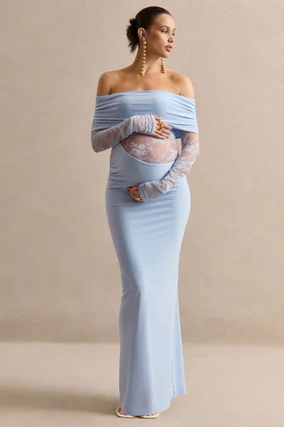 Club L London Artemisia | Light Blue Bardot-Neck Maternity Maxi Dress With Lace Detailing