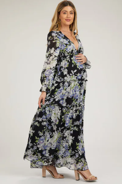 PinkBlush Black Floral Chiffon Deep V Ruffle Tiered Maternity Maxi Dress