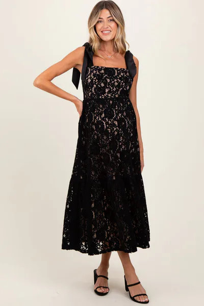 PinkBlush Black Velvet Lace Shoulder Bow Maternity Maxi Dress