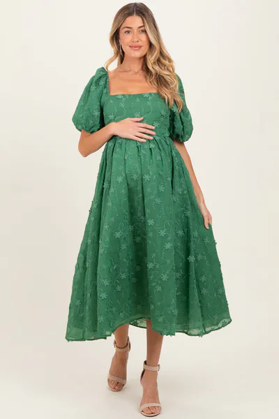 PinkBlush Forest Green Embroidered Floral Puff Sleeve Maternity Midi Dress