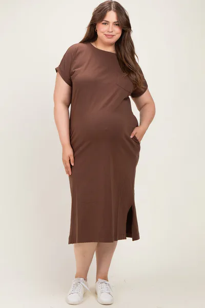 PinkBlush Brown Plus Round Neck Short Sleeve Maternity Midi Dress