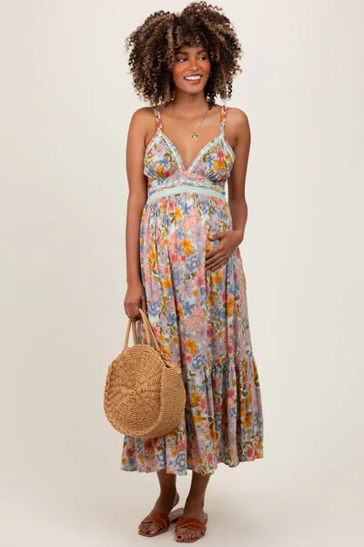 PinkBlush Muticolor Floral Double Strap Lace Trim Maternity Midi Dress