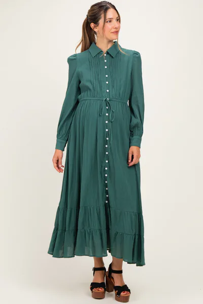 PinkBlush Emerald Teal Pleated Front Button Down Maternity Maxi Dress