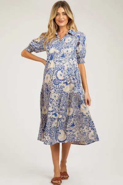 PinkBlush Blue Floral Collared Tiered Maternity Midi Dress