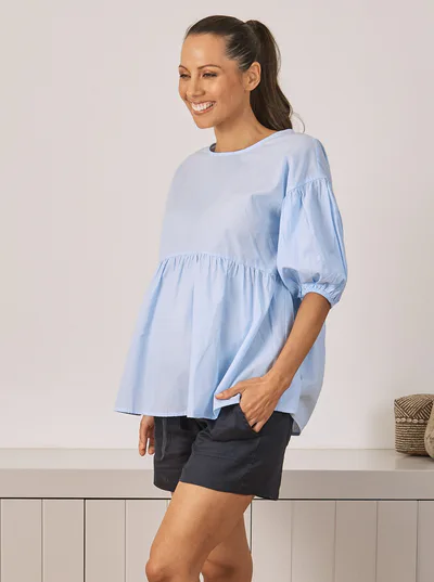 Angel Maternity Brigitte Maternity Cotton Blouse Top - Blue Stripe