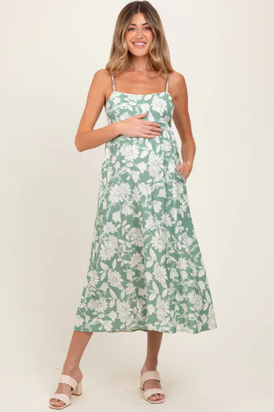 PinkBlush Light Olive Floral Sleeveless Maternity Midi Dress