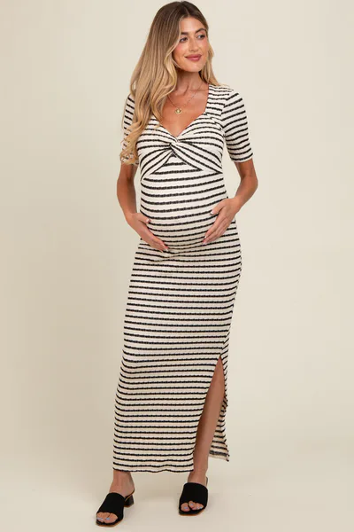 PinkBlush Ivory Black Striped Knit Short Sleeve Maternity Maxi Dress