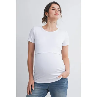 Target Hello Miz Women's Ribbed Crewneck Short Sleeve Maternity Nursing T-Shirt with Lift-Up Panel - White - Small