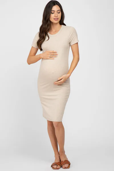 PinkBlush Beige Ribbed Fitted Maternity Dress