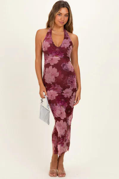 PinkBlush Mauve Mesh Print Halter Neck Maternity Maxi Dress