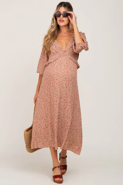 PinkBlush Rust Floral Ruffle V-Neck Maternity Midi Dress