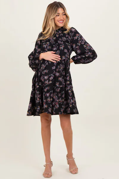 PinkBlush Black Floral Tiered Long Sleeve Maternity Dress