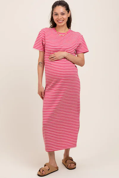 PinkBlush Pink Striped Short Sleeve Maternity T-Shirt Midi Dress