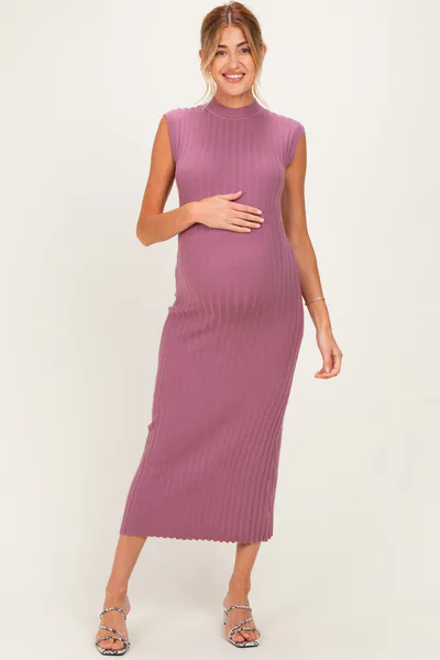 PinkBlush Mauve Ribbed Knit Mock Neck Maternity Maxi Dress