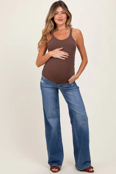 PinkBlush Blue Lightly Distressed Wide Leg Maternity Jeans