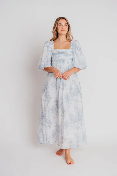 Worth Collective Melody Maxi Dress with Pleats and Bow Detail in Blue Floral - Bump Friendly & Inclusive Sizing (S-3XL)