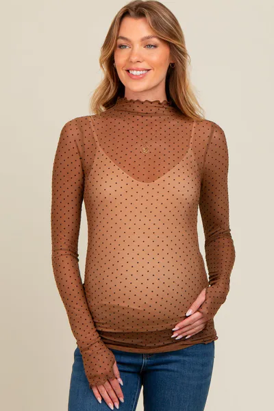 PinkBlush Brown Polka Dot Mesh Long Sleeve Maternity Top